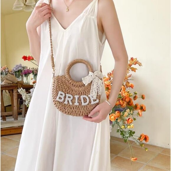 Women's Khaki Straw Wedding Bridal Mini Drawstring Crossbody Bag For Beach Holid - Picture 5 of 9